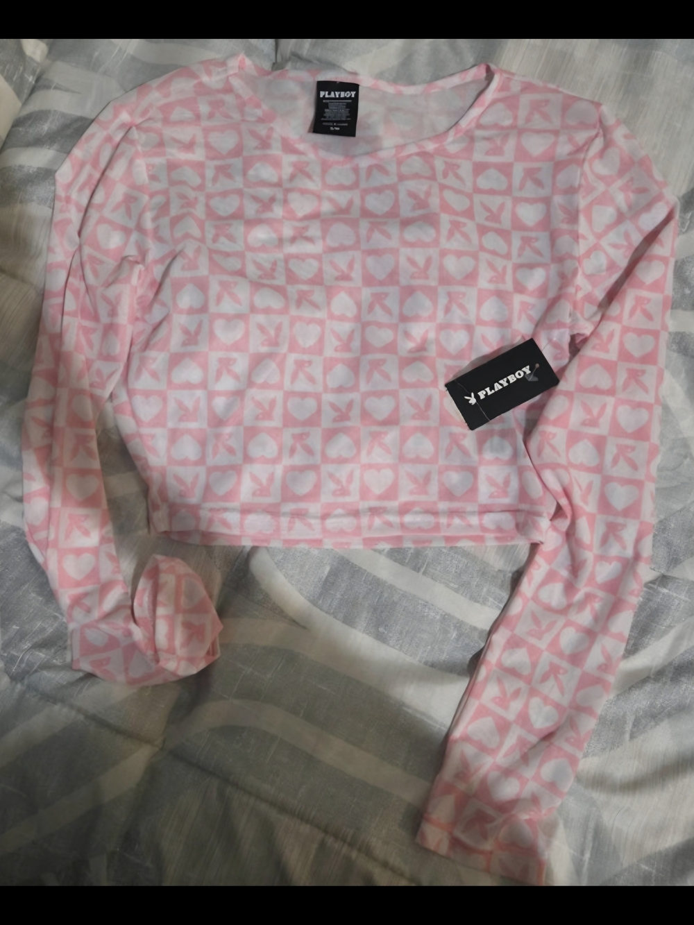 PLAYBOY Pink Heart & Bunny Pattern Long Sleeve Crop Top